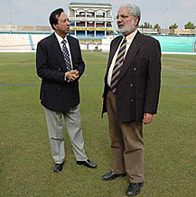 Mr I.S. Bindra, president, Punjab Cricket Association, with treasurer G.S. Walia at the PCA stadium in Mohali on Friday.