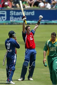 Kevin Pietersen celebrates scoring his century against South Africa during the seventh and final one-day international at Centurion, Pretoria on Sunday