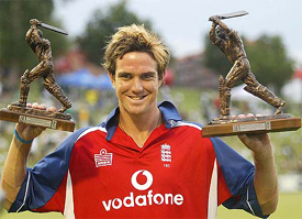 England cricketer Kevin Pietersen holds the Man of the Match and Series trophies after South Africa won the ODI series against England in Pretoria