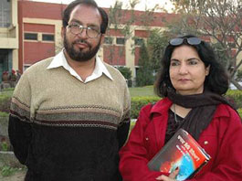 SSP-rank police officer Neelma Naheed Durrani, who is the Principal of a Police Training School in Lahore, with Mr Noor Mohammed during an Indo-Pak Mushaira in Ludhiana on Sunday.