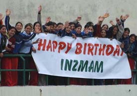 Spectators wish happy birthday to Pakistan captain Inzamam-ul-Haq on the first day of the match against Board President�s XI in Dharamsala on Thursday