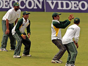 Members of the Pakistani cricket team, (from left) Inzamam-ul-Haq, Younis Khan, Taufeeq Umar and Yasir Hameed, during a practice session on the eve of the first Test match against India in Mohali on Monday. 