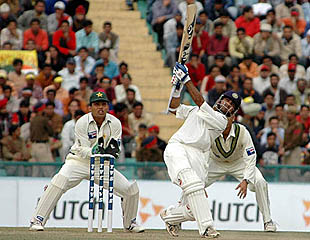 Gautam Gambhir plays a lofted shot during the second day�s play of the first Test in Mohali on Wednesday. 