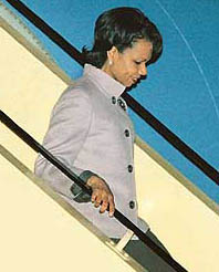 US Secretary of State Condoleezza Rice disembarks from a plane soon after her arrival at New Delhi airport on Tuesday.