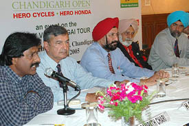 Tournament director Sampath Chari talks to mediapersons on the Hero Chandigarh Golf Open at the Chandigarh Golf Club on Tuesday. Others sitting on the dias