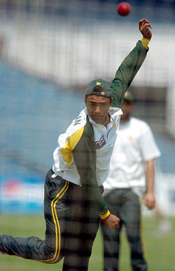 Danish Kaneria of Pakistan bowls during a practice session in Kolkata on Tuesday
