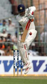 Virender Sehwag plays a stroke during the first day�s play of the second Test in Kolkata on Wednesday