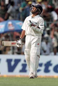 Sachin Tendulkar looks to the sky during the first day�s play of the second Test in Kolkata on Wednesday