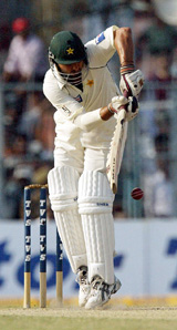 Pakistani batsman Shahid Afridi plays a shot during the fourth day�s play of the second Test against India in Kolkata