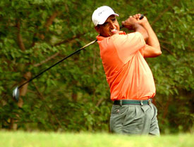 Mukesh Kumar plays a tee shot at the 17th hole during the Hero Golf Chandigarh Open on Saturday