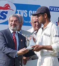 Rahul Dravid receives the Man of he Match trophy from ICC president Ehsan Mani in Kolkata on Sunday