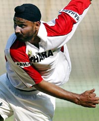Harbhajan Singh bowls during a practice session in Bangalore. Harbhajan will bowl his 'doosra' in the third Test against Pakistan despite being called over the delivery for the second time in three months