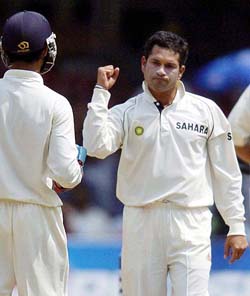 Sachin Tendulkar celebrates after dismissing Shahid Afridi on fourth day of the third Test in Bangalore on Sunday
