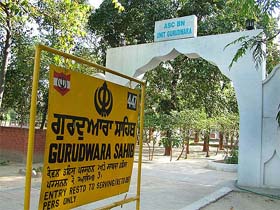 A signboard put outside a gurdwara on Cantonment Road, Jalandhar, indicates a restriction on the entry of civilians to the premises