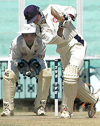 Railways batsman Yere Gaud in action during the Ranji Trophy Elite group final against Punjab at the PCA Stadium in Mohali on Saturday. 