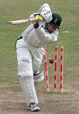 South Africa captain Graeme Smith is clean bowled by West Indies fast bowler Pedro Collins on the fourth day of the first Test at Georgetown, Guyana
