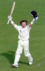 New Zealand�s Hamish Marshall rejoices on completing his century against Sri Lanka on the first day of the first Test at Napier in New Zealand on Monday