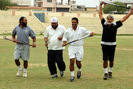 Pargat Singh, Tarsem Singh, Gundeep Kumar and Balbir Singh are practicing on Wednesday for the forthcoming Indo-Pak veteran hockey series match scheduled to be held at Guru Gobind Singh Satadium in Jalandhar 