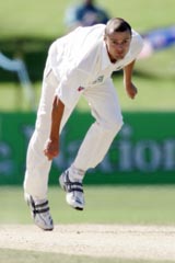 New Zealand's Chris Martin bowls against Sri Lanka on the third day of the first Test in Napier