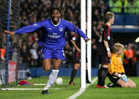 Chelsea's Didier Drogba celebrates after scoring against Bayern Munich during their Champions League quarter-final first leg match at Stamford Bridge on Wednesday