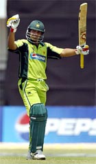 Pakistan�s Salman Butt celebrates after scoring a century during the third one-day match against India in Jamshedpur on Saturday. 