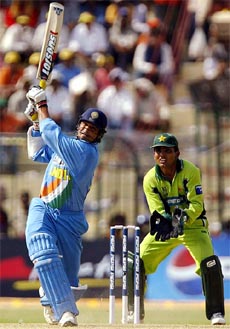 Irfan Pathan plays a shot during the third one-day international