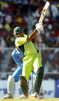 Inzamam-ul-Haq plays a shot during the fourth one-day international between India and Pakistan in Ahmedabad on Tuesday