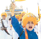 BOLE SO NIHAL: Nagar kirtan procession taken out from Patiala to Anandpur Sahib on the eve of Baisakhi at Gurdwara Moti Bagh in Patiala on Wednesday. 