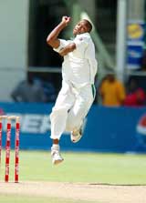 South African fast bowler Monde Zondeki bowls against the West Indies during the second day of the third Test at Kensington Oval in Bridgetown, Barbados