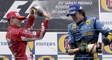 Michael Schumacher of Germany and Fernando Alonso of Spain spray champagne after the San Marino Formula One Grand Prix at the Imola circuit in Italy