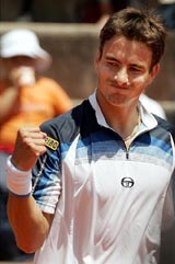 Tommy Robredo of Spain celebrates his victory over Davide Sanguinetti of Italy during their quarterfinal match at the Estoril Open in Portugal on Friday