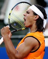 Spain�s Rafael Nadal celebrates after winning a point against Czech Republic�s Radek Stepanek during their quarterfinal match at the Rome Masters