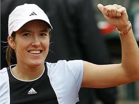 Belgium's Justine Henin-Hardenne celebrates her semifinal victory over Patty Schnyder of Switzerland