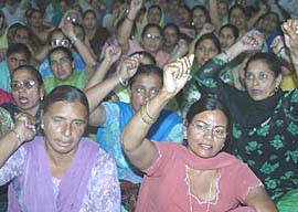 Teachers protest against the move to privatise education, at Desh Baghat Yaadgar Hall in Jalandhar on Sunday.
