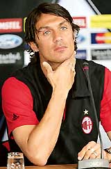 AC Milan captain Paolo Maldini ponders a question during a press conference at the Ataturk stadium in Istanbul on Tuesday