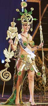 Miss Ecuador Ximena Zamora laughs while participating in the national costume competition at the Miss Universe, 2005, beauty pageant in Bangkok, Thailand.