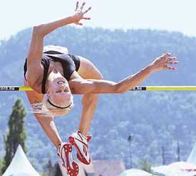 Sweden�s Olympic and world heptathlon gold medallist Carolina Kluft clears the high jump bar at the two-day international heptathlon meet at Goetzis in Austria�s western province of Vorarlberg on Saturday