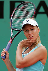 Fourth seed Elena Dementieva of Russia reacts after losing her match against compatriot Elena Likhovtseva