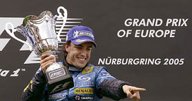 Renault driver Fernando Alonso of Spain celebrates after winning the European Formula One Grand Prix at the Nurburgring racing circuit in western Germany on Sunday.