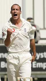 England bowler Simon Jones celebrates the dismissal of Bangladesh batsman Mohammad Ashraful on the first day of the second Test at Chester-le-Street, Durham