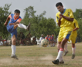 The final of the Inter-Battalion Srinagar Range Football Tournament in progress at RTC-IV, Humhama, Jammu and Kashmir, on Saturday. The match, played between 27 Bn and 60 Bn, ended in a tie.