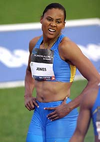 US sprinter Marion Jones reacts after running in the women�s 100m sprint during the Galatletica competition at the Tecnologico stadium in Mexico