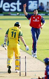 England�s Stephen Harmison celebrates after taking the wicket of Australia�s Glenn McGrath during their Twenty20 international cricket match at the Rose Bowl in Southampton on Monday