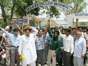 B.Ed aspirants protest against Panjab University for delay in sending admit cards, in Bathinda on Friday.
