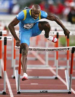 Allen Johnson crosses the last hurdle during the the men�s 110m hurdles final at the US championships at Home Depot Centre in Carson, California