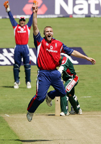 England�s Andrew Flintoff appeals unsuccessfully for the wicket of Bangladesh�s Javed Omar Belim during their triangular series one-day international match at Headingley in Leeds