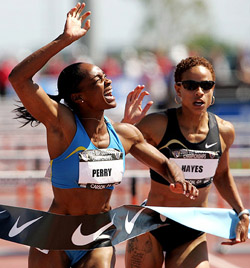 Michelle Perry celebrates on winning the women�s 100 m hurdles final in 12.66 seconds during the USA Track and Field Championships in Carson