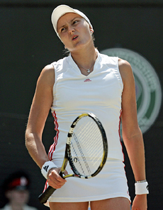 Nadia Petrova of Russia reacts during her quarterfinal match against compatriot Maria Sharapova at Wimbledon on Tuesday