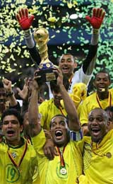 A jubilant Brazilian team celebrate after winning the Confederations Cup by trouncing arch rivals Argentina 4-1 in the final, in Frankfurt