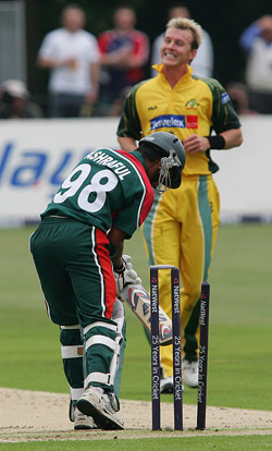 Brett Lee  of Australia bowls Mohammad Ashraful of Bangladesh during their triangular series one-day international at Edgbaston in Canterbury on Thursday. Bangladesh scored 250 for eight